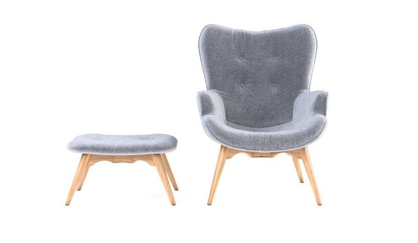Модное современное кресло с деревянными ножками, оттоманка на белом фоне. Мебель, предметы интерьера, стильное кресло. Один предмет мебели. Кресло скандинавского стиля
 - Фото, изображение