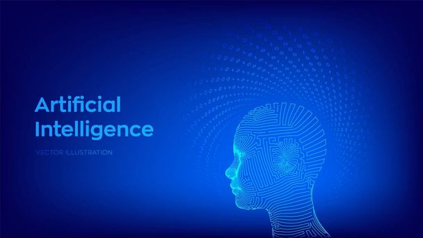 AI. Artificial intelligence concept. Ai digital brain. Abstract digital human face. Human head in robot digital computer interpretation. Robotics concept. Wireframe head concept. Vector illustration. - Vector, afbeelding
