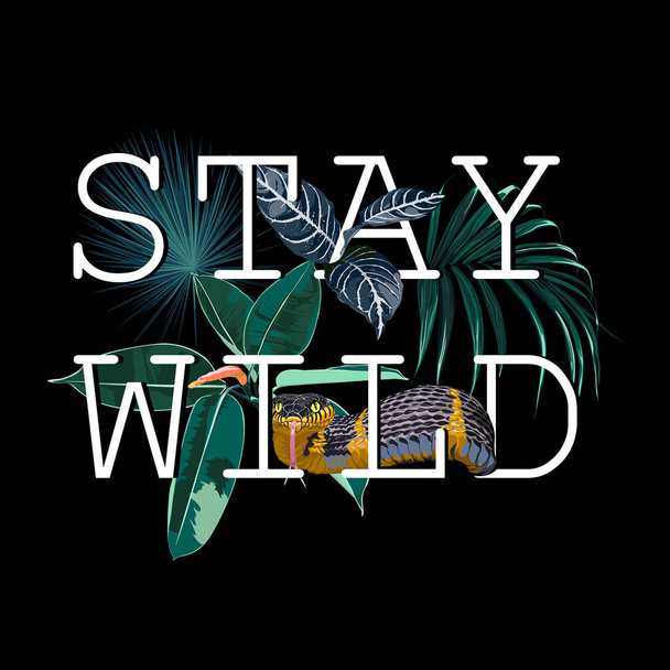 soggiorno selvaggio lettering con serpente arrabbiato e foglie tropicali, poster design
 - Vettoriali, immagini