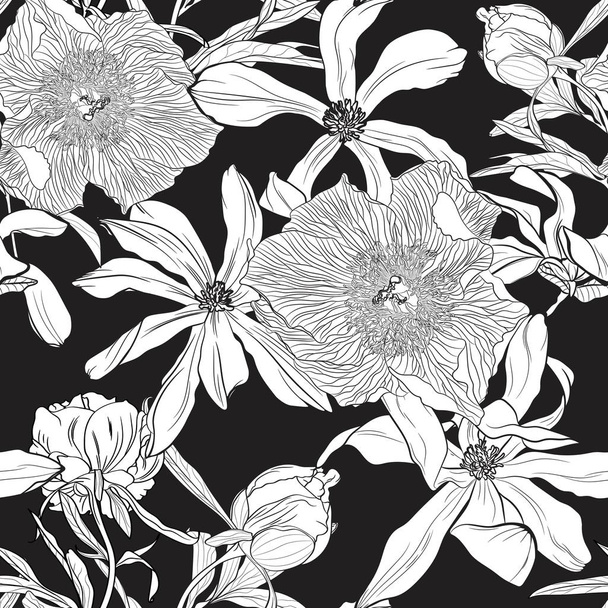 マグノリアとケシの花、黒と白のシームレスなベクターパターン - ベクター画像