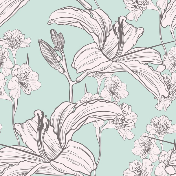 seamless vector pattern with lily and alstroemeria flowers - Vector, Image