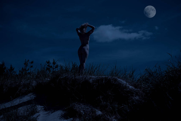 Genç çıplak kadın romantik görüntü Evenin açık havada poz - Fotoğraf, Görsel