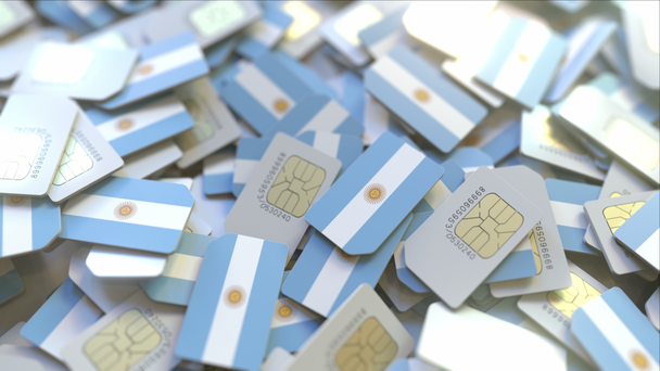 SIM-kortteja Argentiinan lipulla. Argentiinan matkapuhelinverkkoon liittyvä käsitteellinen 3D-animaatio
 - Materiaali, video