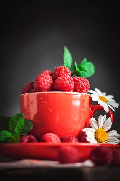 Raspberry in a red cup with chamomile and leaves on a dark background. Summer and healthy food concept. Selective focus. Background with copy space. - Foto, Imagem