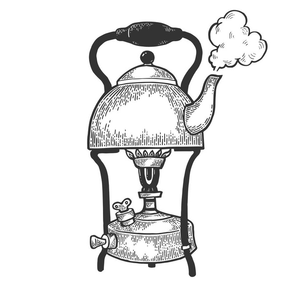 Old boiling kettle pot on primus stove sketch engraving vector illustration. Scratch board style imitation. Hand drawn image. - Wektor, obraz