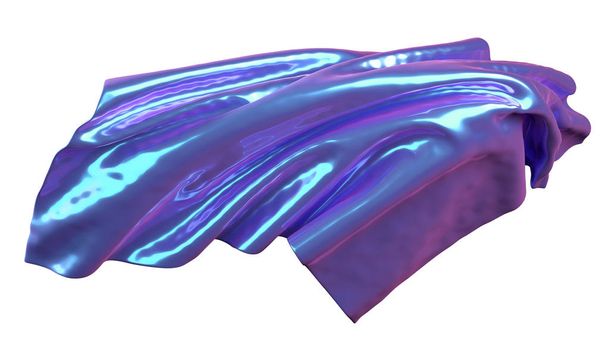 3d representación ilustración de tela suave púrpura material holográfico iridiscente sobre fondo blanco aislado. Material de tela voladora abstracta en luz de neón. Decoración de diseño para carteles y pancartas
 - Foto, Imagen