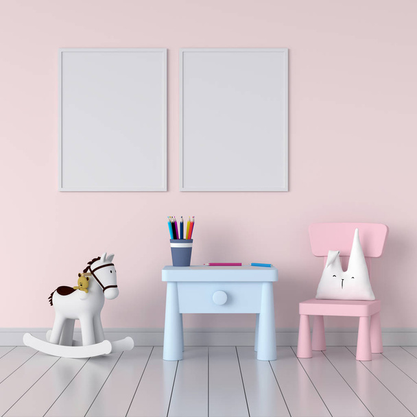Two blank photo frame for mockup in pink child room, 3D rendering - Photo, Image