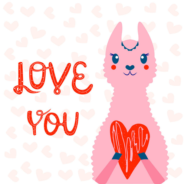 Pink llama or alpaca with a red heart and the words love you on a background with hearts. for greeting card, Valentine's Day poster, holiday banner, love print - vector - Vektori, kuva