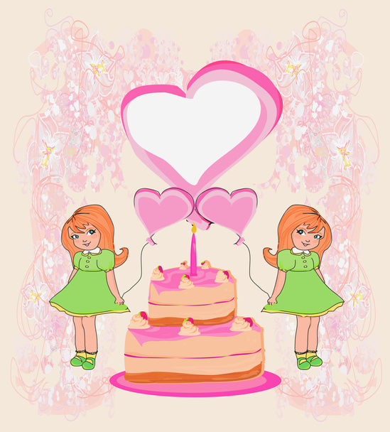 urodziny zaproszenie, dziewczynka gospodarstwa balony i urodzinowy tort wi - Wektor, obraz