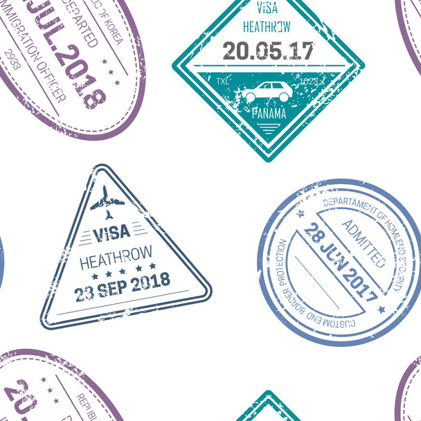 Visa sellos o sellos sin costura patrón de viaje y país frontera cruce
 - Vector, imagen