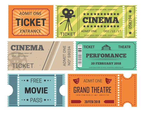 Eintrittskarten für Theater und Kino oder Papierausweise für isolierte Objekte - Vektor, Bild