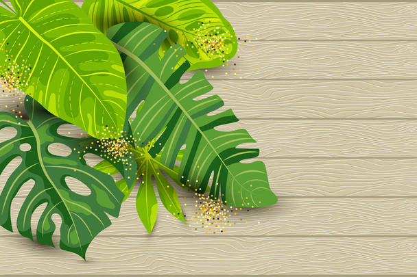 Green summer tropical background, exotic leaves on textured wood background. Place for text. Vector illustration for poster, web, flyer, party invitation, ecological concept, sesonal sale. - Vector, Image