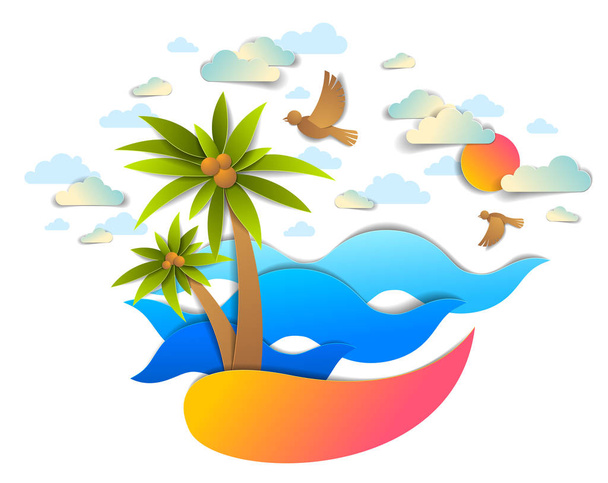 Plage avec palmiers, vagues de mer paysage marin parfait, nuages d'oiseaux et s
 - Vecteur, image
