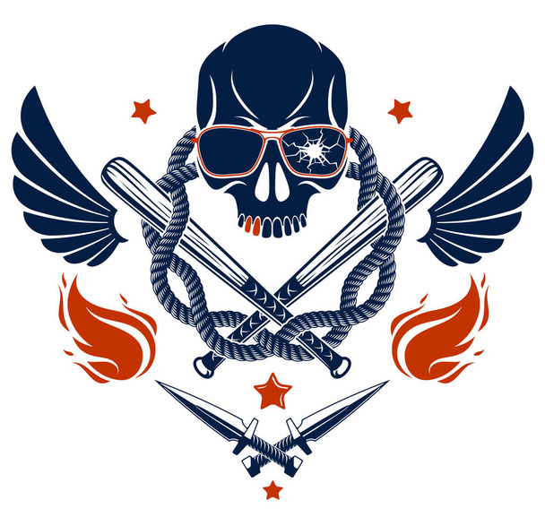 Gangster emblem logo or tattoo with aggressive skull baseball ba - Vector, Image