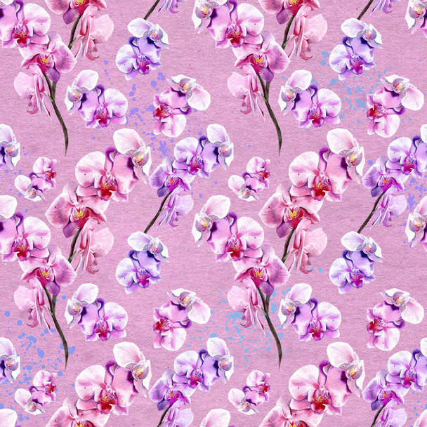 Seamless floral pattern with hand drawn orchids on pink paper textured background - Fotó, kép