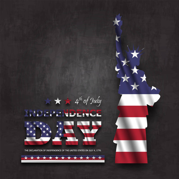 4th of July happy independence day of america . Statue of liberty with text and waving american flag . Chalkboard background . Vector . - Vektor, obrázek