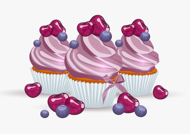 delicious cakes with cherries and blueberries on a light background - Вектор,изображение