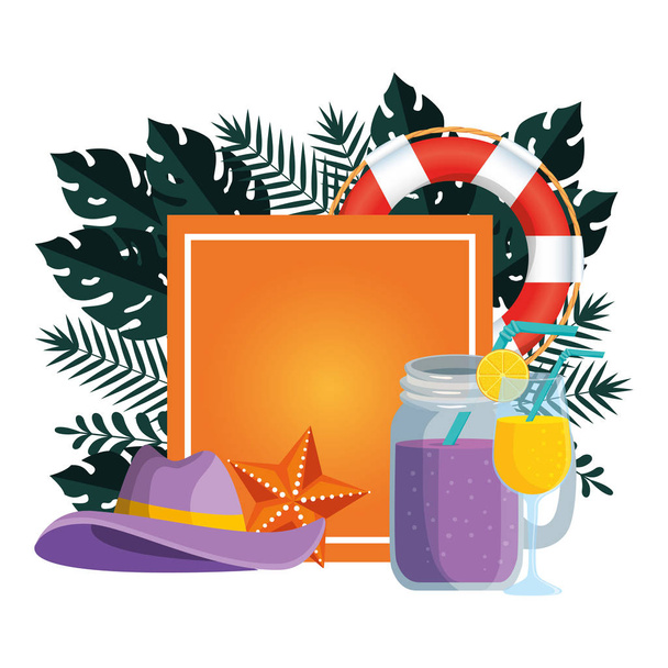 summer square frame with tropical leafs and set icons - Vector, afbeelding
