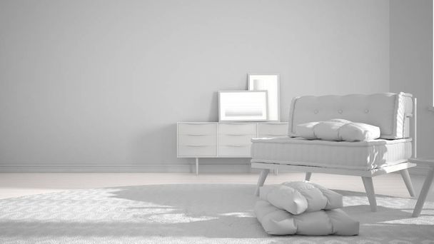 Projet blanc total, salon minimaliste avec grand tapis rond et canapé avec oreillers, idée de concept d'architecture d'intérieur moderne
 - Photo, image