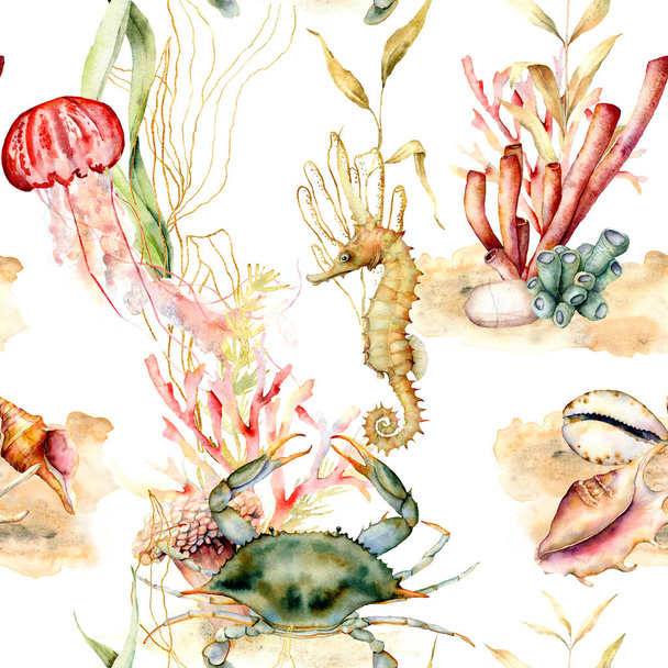 サンゴの植物、動物と水彩画シームレスなパターン。手描きのカニ、クラゲ、シーホース、貝のイラストは白い背景に隔離されています。デザイン、印刷、背景のための航海イラスト. - 写真・画像