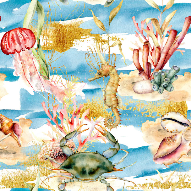 Akvarell varrat nélküli mintázat a víz alatti állatok és növények. Kézzel festett korallok, medúza, csikóhal, héj, kék alapon izolált tarisznyarák. Tengerészeti illusztráció designhoz, nyomtatáshoz, háttérhez. - Fotó, kép