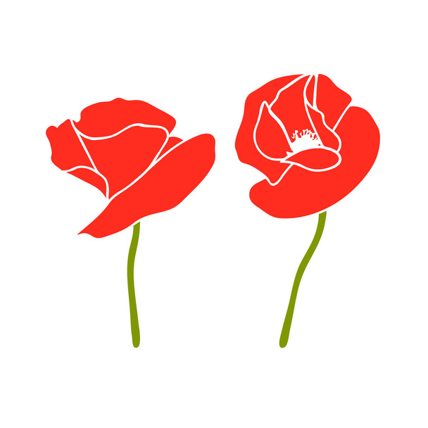 Poppy two red flowers heads and stems. Side view. Flat style. Scarlett petals. Day of Remembrance. - Vector, Image