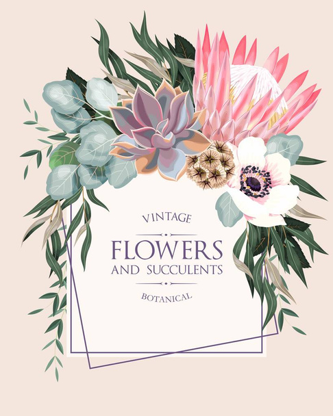 Вінтажна весільна листівка з квітами та сукулентами
 - Вектор, зображення