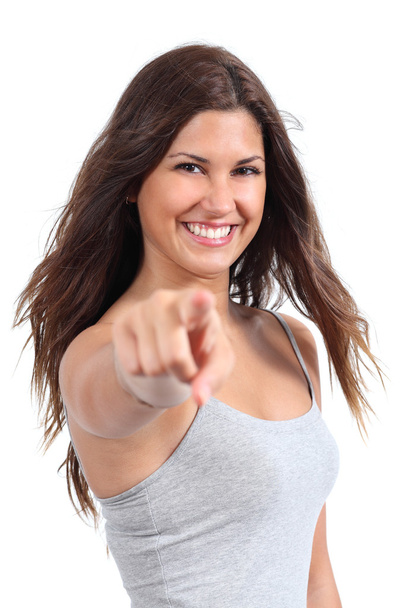 Sweet woman pointing at camera isolated - Foto, Imagem