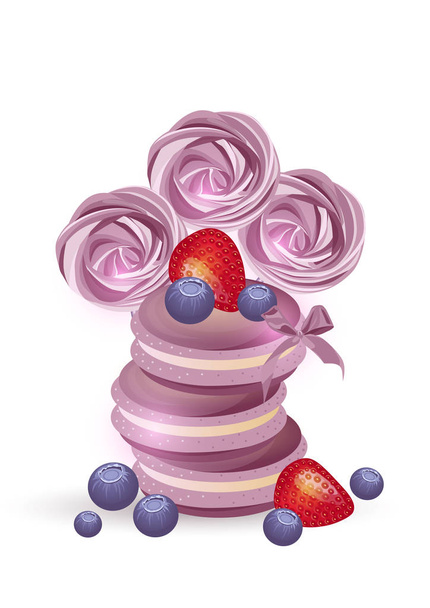Macarons with strawberries, blueberries and meringues - Vector, afbeelding