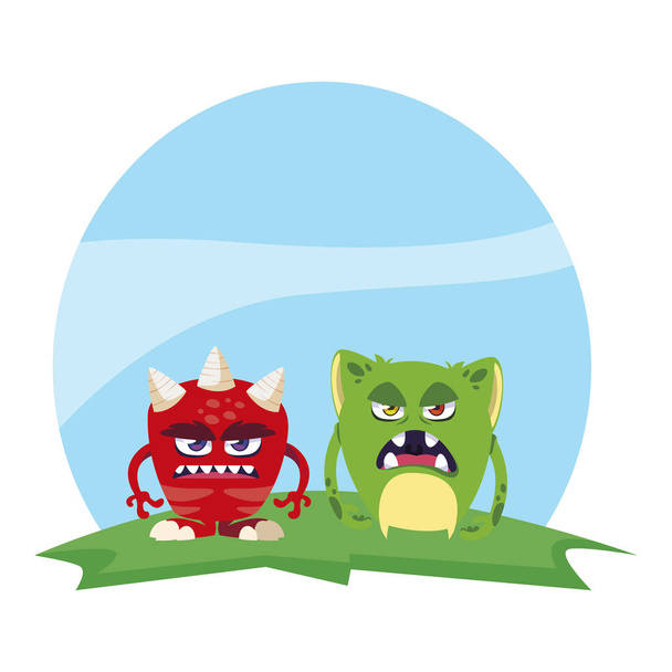 funny monsters couple in the field characters colorful - Vector, Image