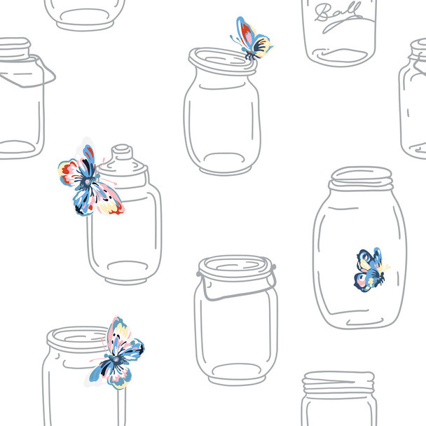 Seamless vintage whimsical pattern with jars and butterflies - Vector, Image