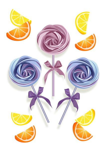 meringues on a stick with oranges on a light background - Vector, Image