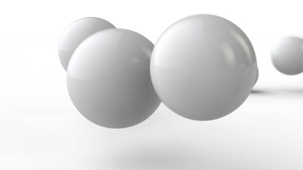 3D-illustratie van grote en kleine witte ballen, bollen, geometrische vormen geïsoleerd op een witte achtergrond. Abstract, futuristisch beeld van objecten van perfecte vorm. 3D-rendering - Foto, afbeelding