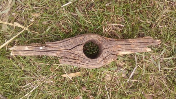 Photo of a wooden piece with a hole. Original shape and texture. - Photo, Image