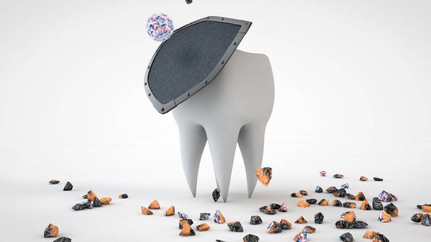 Ilustración 3D de un diente humano escondido detrás de un escudo y una bombilla de microbio que amenaza la salud. La idea de prevención. Representación 3D aislada sobre fondo blanco. Imagen para publicidad de pasta de dientes
. - Foto, Imagen