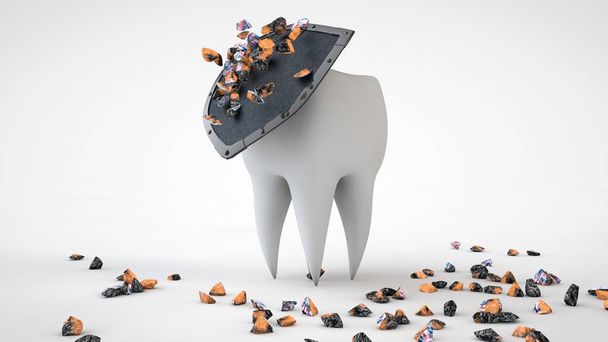 3D-Illustration eines menschlichen Zahnes, der hinter einem Schild eine Menge gebrochener Mikrobenfragmente auf der Oberfläche versteckt. 3D-Darstellung isoliert auf weißem Hintergrund. Image für Zahnpasta-Werbung, Prävention. - Foto, Bild