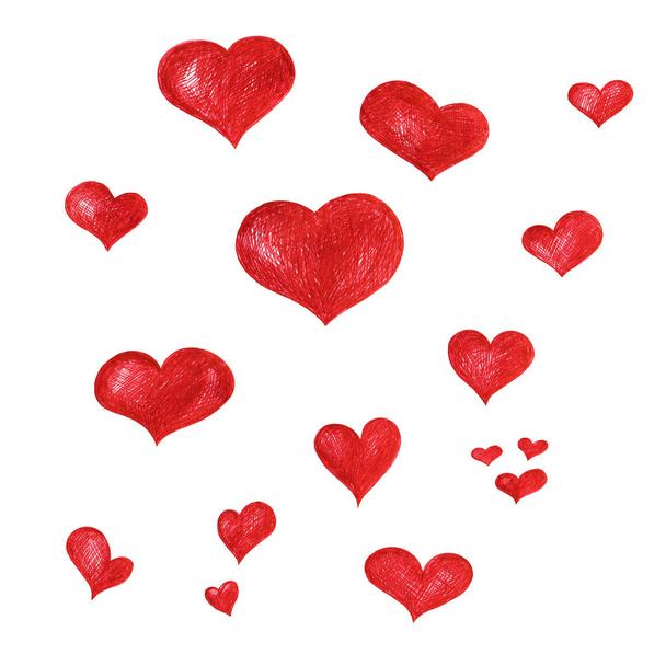 Een set van rode hand getekende harten voorontwerp, samenstelling, groeten - Foto, afbeelding