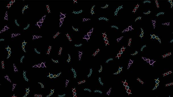Бесшовная текстура шаблонов бесконечных повторяющихся медицинских научных абстрактных структур молекул ДНК на черном фоне. Векторная иллюстрация
 - Вектор,изображение