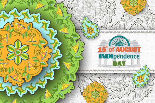 15 de agosto Día de la Independencia de la India. Tarjeta de felicitación con patrón floral arabesco. Paisley y Mandala
 - Vector, Imagen