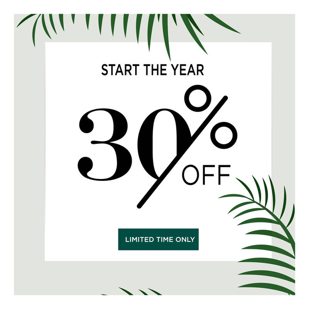 Tropical summer palm tree leaves with 30 % discount. Sale banner - Vector, Imagen