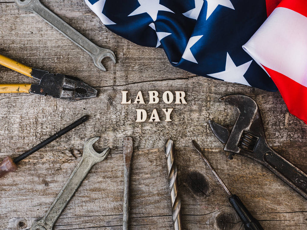 LABOR DAY. Hand tools and wooden letters - Foto, afbeelding