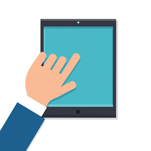 Vektör adam işadamı beyaz arka plan üst görünümünde izole modern dijital akıllı tablet ile işyerinde parmaklarıile çalışan, düz yatıyordu. Konsept: Dijital bilgisayar teknolojisi - Vektör, Görsel