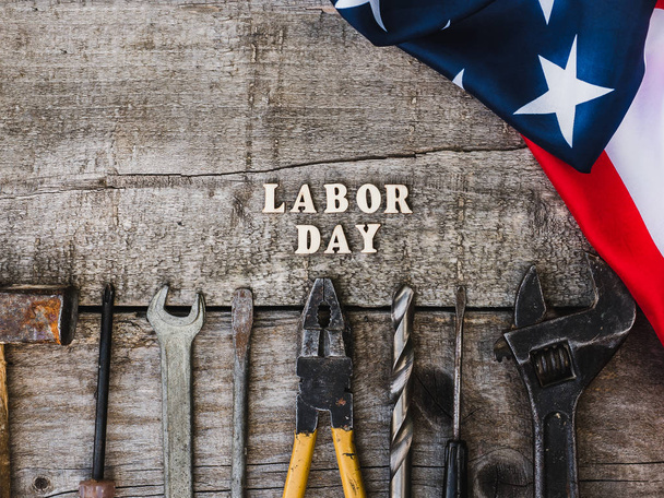 LABOR DAY. Hand tools and wooden letters - Fotó, kép