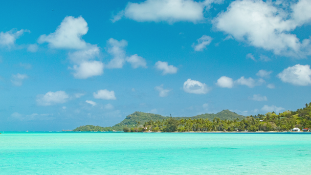 Kust van Bora Bora Island met turquoise water en blauwe hemel Sunshine Weather in zuidelijke-Pacific - Video
