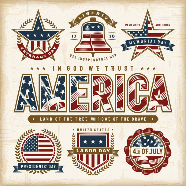 Vintage USA Patriotic Holidays Labels Set. Ilustración de vectores EPS10 editables en estilo retro woodcut con transparencia
. - Vector, imagen