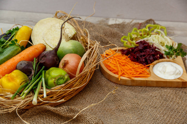 fresh vegetables,onions,cabbage,peppers,carrots ,beets in a wood - Photo, Image