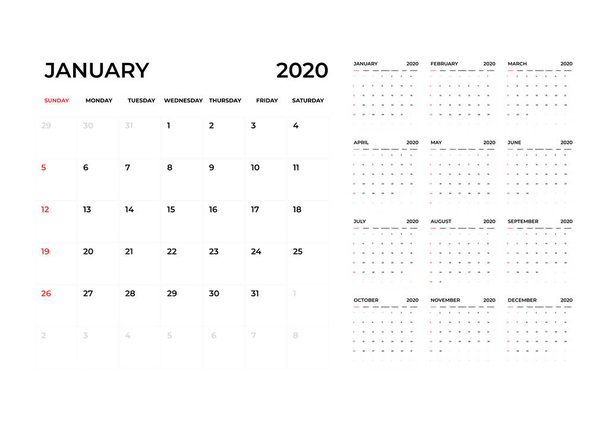 Calendar 2020 template. Calendar planning week. - Vettoriali, immagini