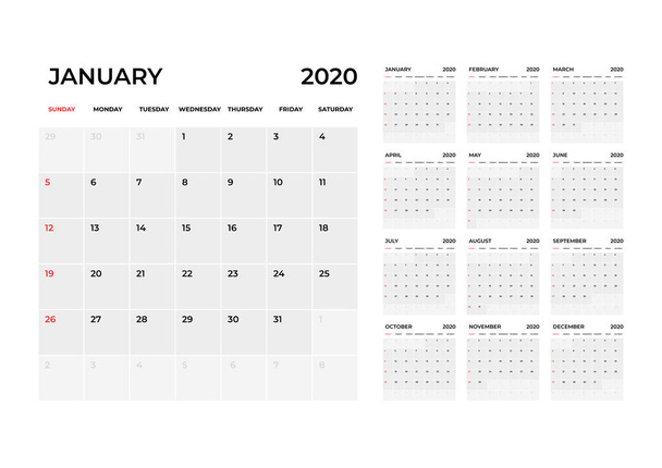 Calendar 2020 template. Calendar planning week. - Vettoriali, immagini