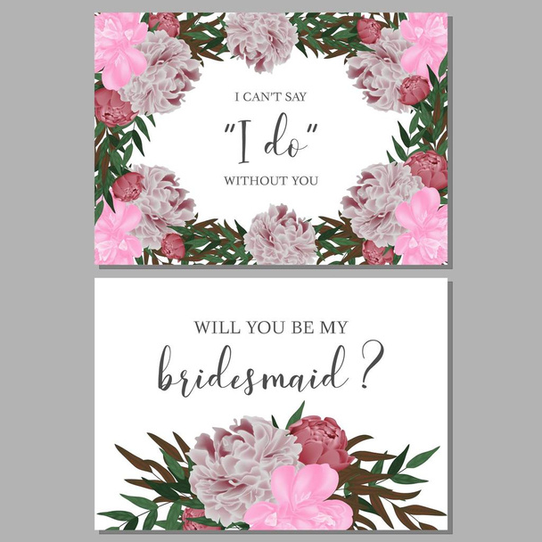 Modèle de carte de demoiselle d'honneur de mariage bouquet de fleurs pivoine
 - Vecteur, image