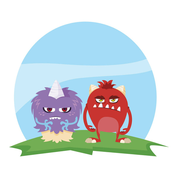 αστεία τέρατα ζευγάρι στο πεδίο χαρακτήρες πολύχρωμα - Διάνυσμα, εικόνα